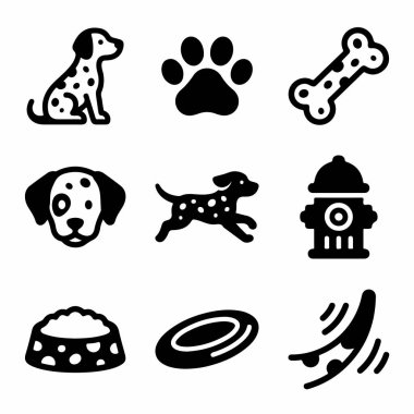 Dalmaçyalı, pati izi, kemik, yangın musluğu, yemek kasesi, frizbi ve kuyruk sallayan köpeklerle ilgili dokuz basit siyah simge koleksiyonu..
