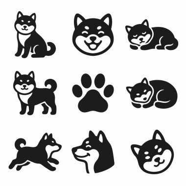 Japon Shiba Inu köpeğinin yer aldığı dokuz basit siyah beyaz simge koleksiyonu. Oturmak, uyumak, koşmak, poz vermek, vesikalık fotoğraf çekmek ve pençe izini de içeriyor. İzole vektör kümesi.
