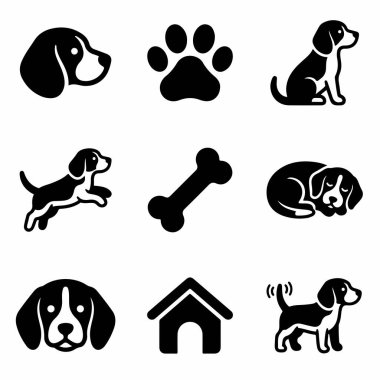 Çeşitli pozlarda bir av köpeğini temsil eden dokuz basit siyah siluet simgesi ve bir pençe izi kemiği ve köpek kulübesi gibi ilgili eşyalar..