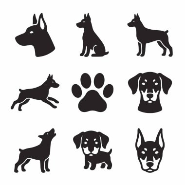 Beyaz arkaplanda çok yönlü siyah Doberman Pinscher simgeleri. Bu koleksiyonda çeşitli köpek siluetleri, pozlar, baş portreleri, bir köpek yavrusu ve bir pençe izi yer alıyor..