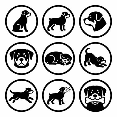 Rottweiler köpek siluetlerinin yer aldığı dokuz adet siyah beyaz yuvarlak simge koleksiyonu. Simgeler oturma, ayakta kalma, oyun oynama ve uyku gibi çeşitli pozları betimler..