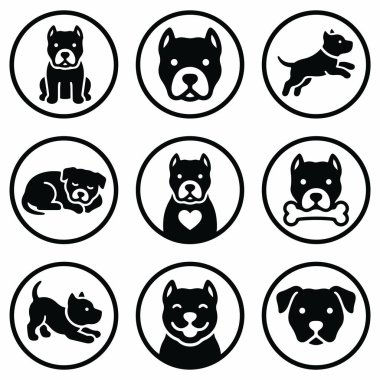Pit Bull ya da Staffordshire Terrier köpeklerinin yer aldığı dokuz izole dairesel ikondan oluşan bir koleksiyon. Logo ve semboller için çok yönlü bir grafik seti.