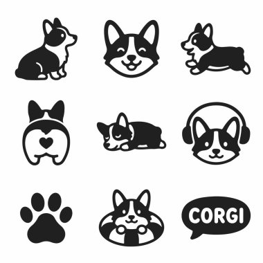 Oturmak, uyumak, kulaklık takmak ve pençe izi de dahil olmak üzere basit Corgi köpek grafikleri koleksiyonu. Tasarım için sevimli köpek yavrusu karakter simgeleri.