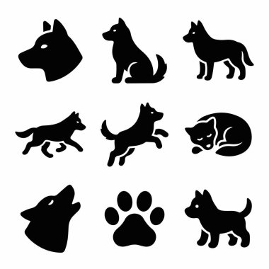Oturmak, koşmak, zıplamak ve uyumak gibi farklı eylemleri gösteren dokuz grafik köpek ikonu. Beyaz arkaplanda izole edilmiş bir pençe izi ve kafa profili içerir.