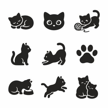 Dokuz sevimli siyah kedi ikonu koleksiyonu. Kedilerin uyuduğu, oynadığı, yediği, zıpladığı ve sarıldığı siluetler, ayrıca kedi yüzü ve pençe izi. Basit vektör grafik kümesi.