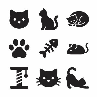 Kedi yüzü, pençe izi, fare, balık iskeleti ve tırmalama yeri de dahil olmak üzere kedi ve evcil hayvanlarla ilgili dokuz basit siyah vektör simgesi koleksiyonu..