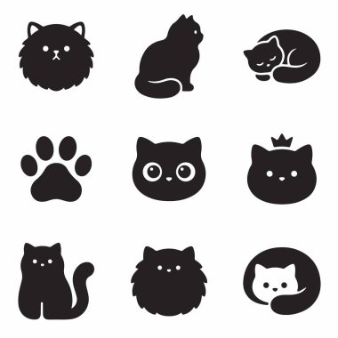 Dokuz basit siyah kedi ikonundan oluşan bir koleksiyon. Oturma, uyuma ve ayakta duran kedilerin, kabarık kafaların, pençe izlerinin ve şirin yüzlerin siluetlerini içerir. Beyaz bir arkaplanda izole edilmiş.