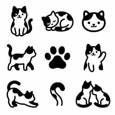 Siyah beyaz dokuz el çizilmiş kedi karalamalarından oluşan bir koleksiyon. Set, oturma, uyku, el sallama ve esneme, artı bir pençe izi ve kuyruk gibi çeşitli pozlar içeriyor..