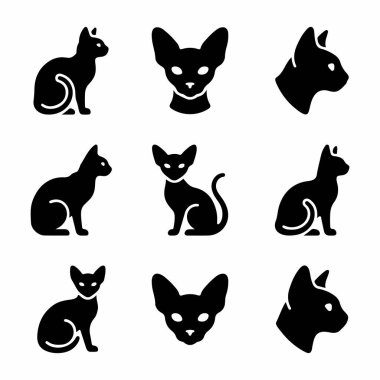 Sphynx kedi cinsini tasvir eden dokuz katı siyah vektör ikonundan oluşan bir derleme. Set, oturma pozlarında ve çeşitli kafa profillerinde tüm vücut siluetlerini içeriyor.