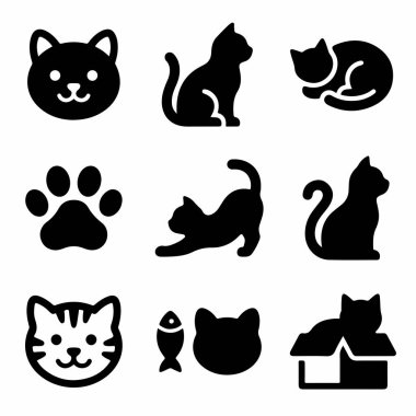 Kedileri ve ilgili nesneleri temsil eden dokuz adet siyah sembol. Kedi yüzleri, oturma, uyuma ve esneme pozları, bir pençe izi, bir balık ve kutuda bir kedi içerir..