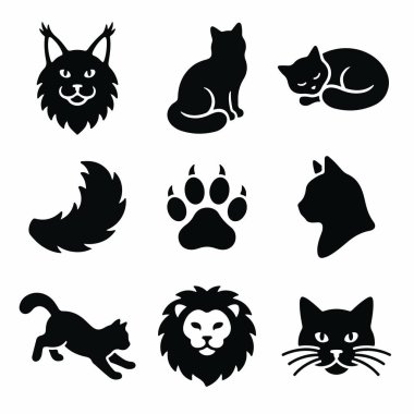 A set of nine graphic icons featuring various felines. Includes silhouettes of a domestic cat, lion, lynx, paw print, and tail. Simple black vector illustrations isolated on a white background.