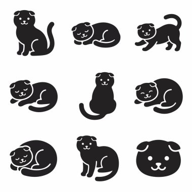 Sevimli bir İskoç Katlaması çizgi filminin yer aldığı dokuz basit siyah sembol koleksiyonu. Set, oturma, uyku, yürüyüş ve yakın çekim yüz ikonu gibi çeşitli pozları içerir..
