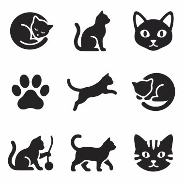 Dokuz tane basit siyah kedi ikonu uyku, oturma, zıplama ve oyun gibi farklı aktiviteleri gösteriyor. İçinde kedi yüzü, pençe izi ve yürüyen siluet var..