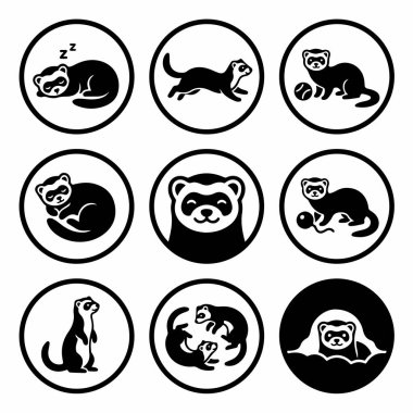 Çeşitli pozlardaki dağ gelinciği karakterlerinin yer aldığı dokuz dairesel ikondan oluşan bir koleksiyon. Bu siyah ve beyaz vektör seti uyuyan, oynayan, koşan ve gözetleyen gelincikleri içerir..