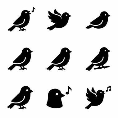 Dokuz tane basit siyah kuş silueti. Koleksiyonda kuşlar ayakta, uçuyor ve notalarla şarkı söylüyorlar. Beyaz arkaplanda izole edilmiş vektör simgeleri.