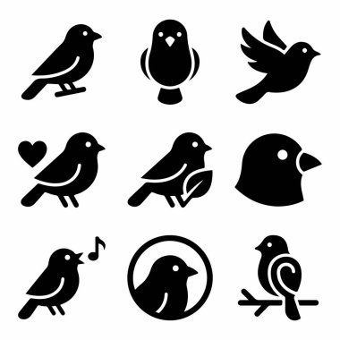 Dokuz katı siyah kuş glifinden oluşan çok yönlü bir set. Bir kuşun uçan, öten, bir kalple bir çember oluşturup bir dala tünediği ikonalar içerir. Web ve yazdırma için basit vektör tasarımı.