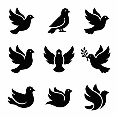 Farklı pozisyonlarda güvercinleri gösteren dokuz izole edilmiş siyah vektör simgesi. Uçan kuşlar, ayakta duran bir güvercin ve barışı simgeleyen zeytin dallı bir güvercin..