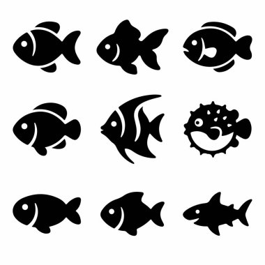 Beyaz arka planda dokuz siyah balık ikonundan oluşan çeşitli bir koleksiyon. Bu set, süs balığı, melek balığı, kirpi balığı ve köpekbalığı gibi su hayvanlarının basit siluetlerini içerir..