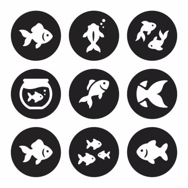 Siyah dairesel arka planlarda beyazlar içinde çeşitli balık siluetleri bulunan dokuz grafik ikonundan oluşan bir set. Japon balığı, akvaryum ve logo ya da web tasarımı için balık sürülerini içerir..