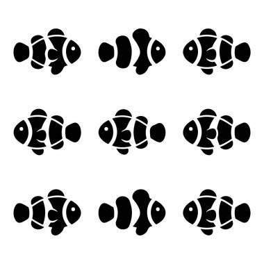 Dokuz basit, stilize palyaço balığı ikonu koleksiyonu. Siyah ve beyaz vektör illüstrasyonları logolar, desenler veya su temaları için mükemmel bir ızgarada düzenlenmiştir..