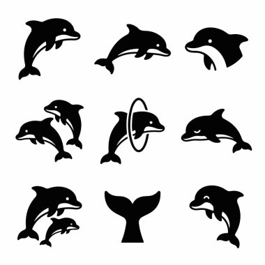 A collection of nine simple black dolphin icons. Includes jumping dolphins, a dolphin with a hoop, pairs, and a tail fin. Ideal for logos, web design, and marine themes.