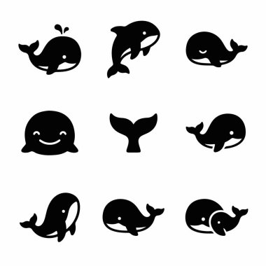 Dokuz basit ve tapılası balina ikonu koleksiyonu. Bu sette zıplama, gülümseme ve anne ve bebek balina gibi çeşitli pozlar veriliyor. Beyaz arkaplanda izole edilmiş siyah semboller.
