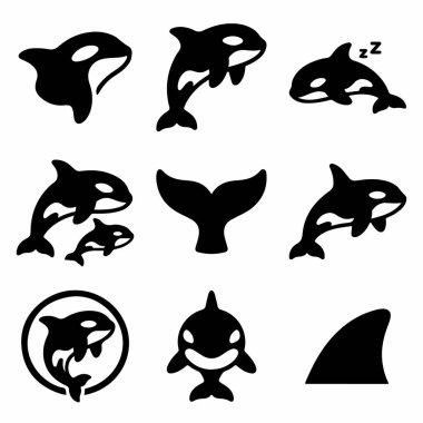 Zıplama, uyku ve yüzme gibi çeşitli pozlarda katil balinaları tasvir eden dokuz basit siyah beyaz simge koleksiyonu. Kuyruk kuyruğu, sırt yüzgeci ve logo elementlerini içerir.