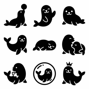 Sevimli çizgi film fokları ve deniz aslanları içeren dokuz sevimli siluet ikonundan oluşan bir koleksiyon. El sallamak, uyumak, sarılmak ve bir topu dengelemek gibi çeşitli pozlarda..