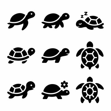 Dokuz tane minimalist kaplumbağa ve kaplumbağa sembolü. Yan görünüş, üst görünüm, uyku ve dekoratif çiçek ikonları içerir. Tasarım için basit siyah beyaz hayvan siluetleri.
