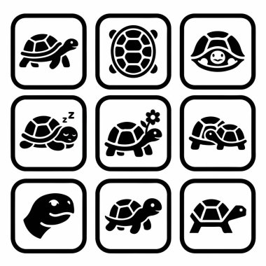 Uyuma, yürüme ve yukarıdan aşağı görünüm de dahil olmak üzere çeşitli pozlarda dokuz basit siyah beyaz kaplumbağa ikonu koleksiyonu. Tasarım için izole vektör grafik sembolleri.