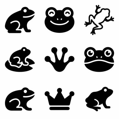 Zıplayan kurbağa, perdeli ayak, nilüfer yaprağı ve kurbağa prensi peri masalı için taç da dahil olmak üzere çeşitli kurbağa çizimleri içeren dokuz siyah ve beyaz vektör ikonundan oluşan bir koleksiyon..