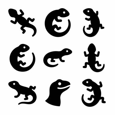 Kertenkele, kertenkele, kertenkele ve semender tasvir eden dokuz basit siyah vektör ikonundan oluşan bir koleksiyon. Minimalist hayvan silüetleri beyaz arka planda farklı pozisyonlarda gösterilir..