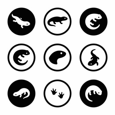 İçinde kertenkele, semender ve semenderlerin çeşitli pozları bulunan dokuz adet siyah beyaz simge var. Logolar ve semboller için hayvan siluetleri ve ayak izleri içerir.