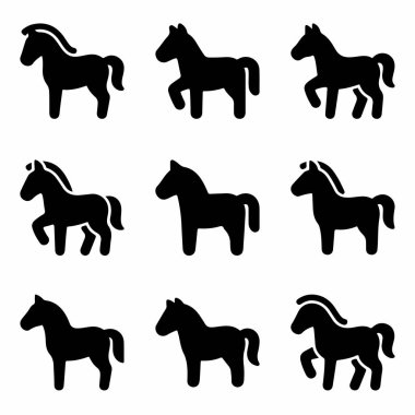 Dokuz izole edilmiş siyah at silueti koleksiyonu. Her ikon farklı pozlarda duran, yürüyen ya da koşan bir atı gösteriyor. Logolar veya grafik tasarım ögeleri için ideal.