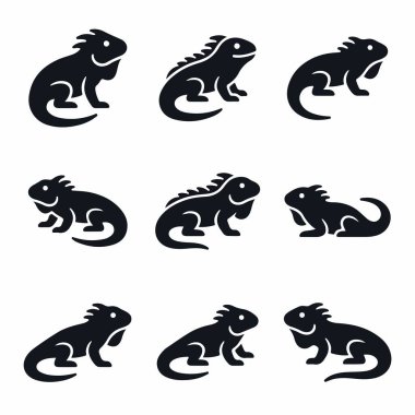Dokuz basit siyah iguana ya da kertenkele siluetinden oluşan bir koleksiyon. Bu vektör simgesi, sürüngenin tasarım kullanımı için beyaz bir arkaplanda izole edilmiş çeşitli pozlarını içerir..