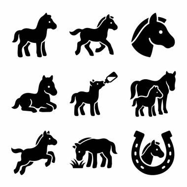 Koşmak, zıplamak, süt içmek ve otlanmak gibi farklı aktivitelerde genç at ve tayların yer aldığı dokuz adet siyah grafik ikonu. Taylı bir kısrak ve at nalı sembolü de dahil..