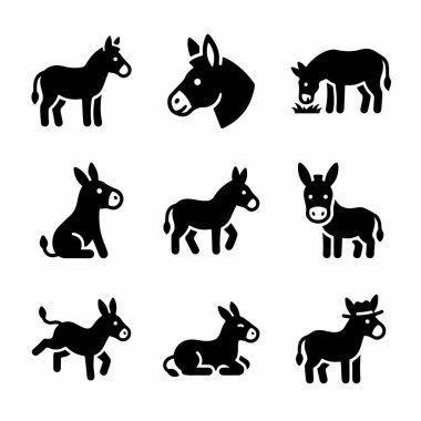 A versatile set of nine black donkey or ass silhouettes. The collection features icons in different poses like standing, sitting, lying down, grazing, and a headshot.