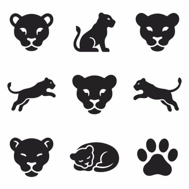 Büyük bir kediyi, muhtemelen dişi bir aslanı ya da panteri gösteren dokuz vektör simgesi. Kafa portreleri, zıplamak ve uyumak gibi bütün vücut pozları ve bir pençe izi içeriyor. Beyaz arkaplanda basit bir siyah siluet tasarımı.