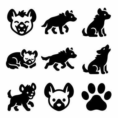 Sırtlan siluetleri ve simgeler koleksiyonu. Gülen yüz, yürüyen, oturan, uyuyan ve uluyan pozlar ve bir de pençe izi içeriyor. Beyaz bir arkaplanda izole edilmiş.