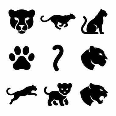 İzole edilmiş dokuz büyük kedi grafik elementi. Çeşitli pozlarda çita ve panter siluetleri, logo veya tasarım için bir pençe izi, kuyruk ve yavruyu içerir.