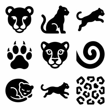 Bir panter ya da leoparı temsil eden dokuz siyah siluet simgesi, kafa portreleri, tüm vücut pozları, bir pençe izi ve benekli bir kürk deseni..