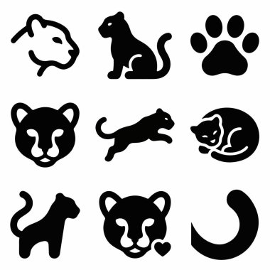 Çeşitli pozlarda panteri tasvir eden dokuz siyah vektör ikonundan oluşan bir derleme. Kafa profilleri, tüm vücut siluetleri, bir pençe izi ve uyuyan bir kedi..