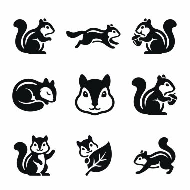 Uyumak, koşmak, yemek yemek ve el sallamak da dahil olmak üzere farklı pozlardaki sincapları gösteren dokuz siyah ve beyaz grafik ikonundan oluşan bir derleme. Beyaz bir arkaplanda izole edilmiş.