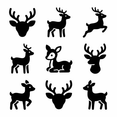 Geyik siluetlerini gösteren dokuz izole edilmiş siyah vektör simgesi. Geyik, geyik, geyik, geyik, duruş, zıplama ve dinlenme pozları içerir..