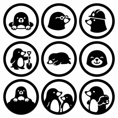 Siyah ve beyaz vektör simgelerinden oluşan şirin bir mol karakteri. Kazı yapan bir köstebek, madenci kaskı takan, uyuyan bir çift olarak. Basit grafik tasarım ögeleri.