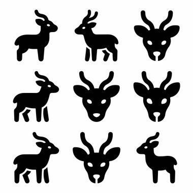 Ceylan ya da antilopları tasvir eden dokuz basit simge koleksiyonu. Beyaz arka planda izole edilmiş çeşitli kafa profilleri ve tam vücut siluetleri içerir.