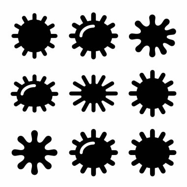 Beyaz arkaplanda dokuz izole siyah grafik elementi var. Simgeler, dikenli ve yuvarlak çıkıntıları olan soyut dairesel formlardır. Güneş patlamaları, mürekkep lekeleri ya da mikroplar gibi..