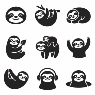 Dokuz sevimli miskin hayvan ikonu koleksiyonu. Bu vektör seti, asılmak, uyumak, el sallamak ve bebek sahibi olmak gibi farklı aktivitelerde sevimli tembel hayvan karakterleri barındırır..