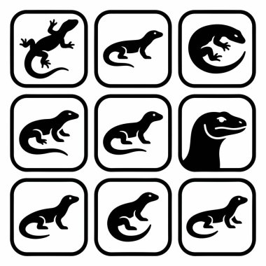 Çeşitli kertenkele ve sürüngen siluetlerinin yer aldığı dokuz izole vektör ikonundan oluşan bir derleme. Logolar, amblemler ve semboller için basit siyah beyaz tasarım.