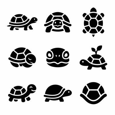 İçinde şirin kaplumbağalar ve kaplumbağalar olan dokuz vektör simgesi. Koleksiyonda yukarıdan aşağıya ve yandan görünüm gibi çeşitli poziyonlar ve açılar yer alıyor, hepsi de temiz, koyu siyah bir kabartma biçiminde..